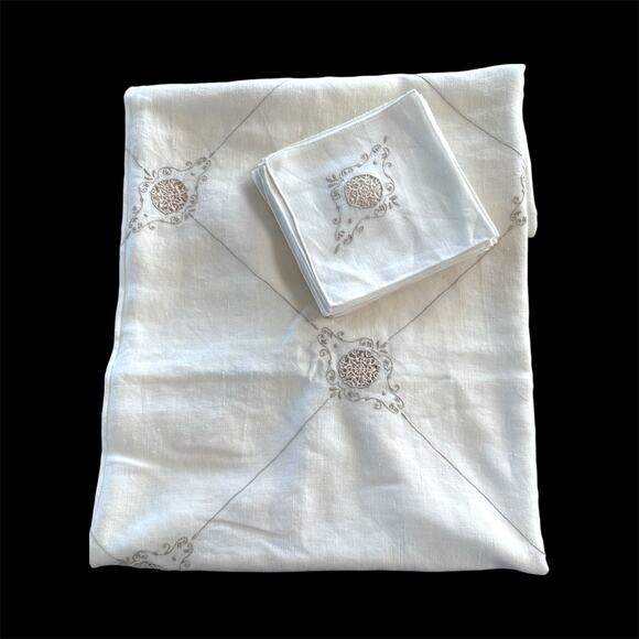 Rare Vintage Italian Ivory Linen Needlelace Tablecloth Set with 12 Napkins - Picture 1 of 9